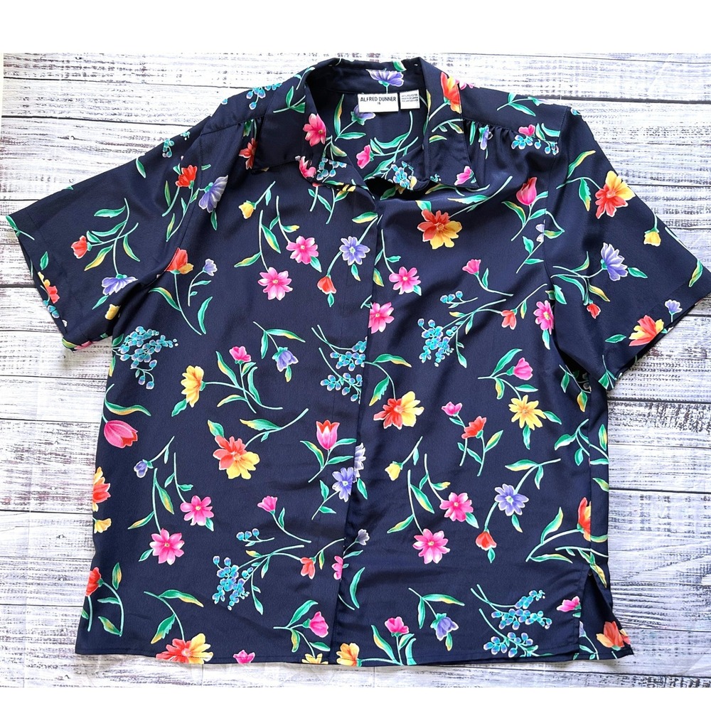 Alfred Dunner Blouse Women Navy Blue Floral Short‎ Sleeve Button Down Size 16